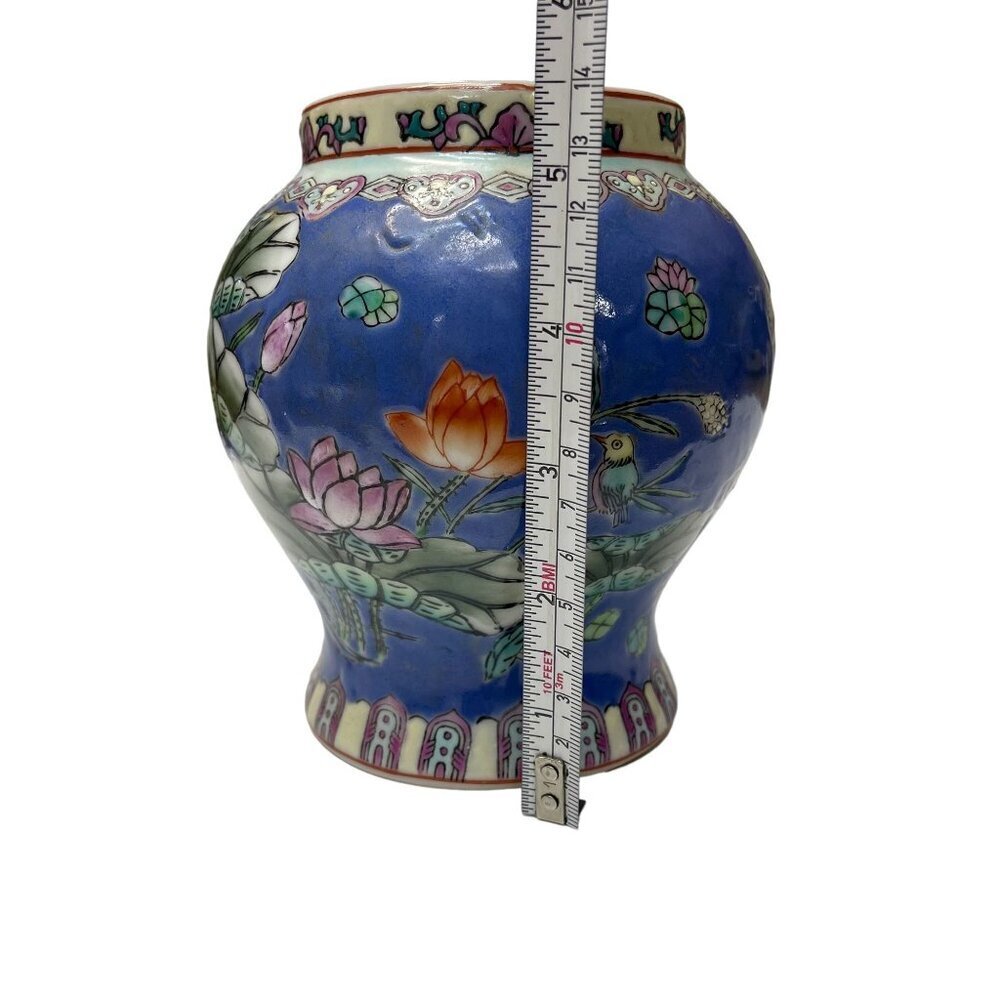Chinese Hand-Painted Enameled Porcelain Vase with Lotus Flowers and Birds | Blue - Picture 6 of 7